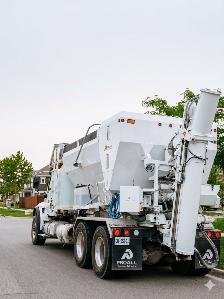 RG Concrete volumetric truck delivering concrete on-site